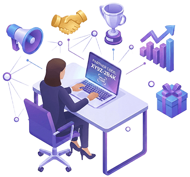 Affiliate working at desk with rewards illustration