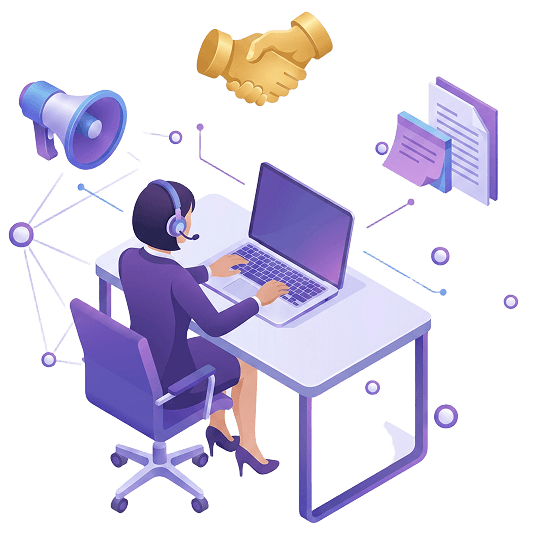 Team member at desk with headset and support icons
