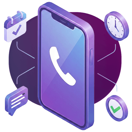 Isometric illustration of a smartphone with calendar, clock, and messaging icons for scheduling a call
