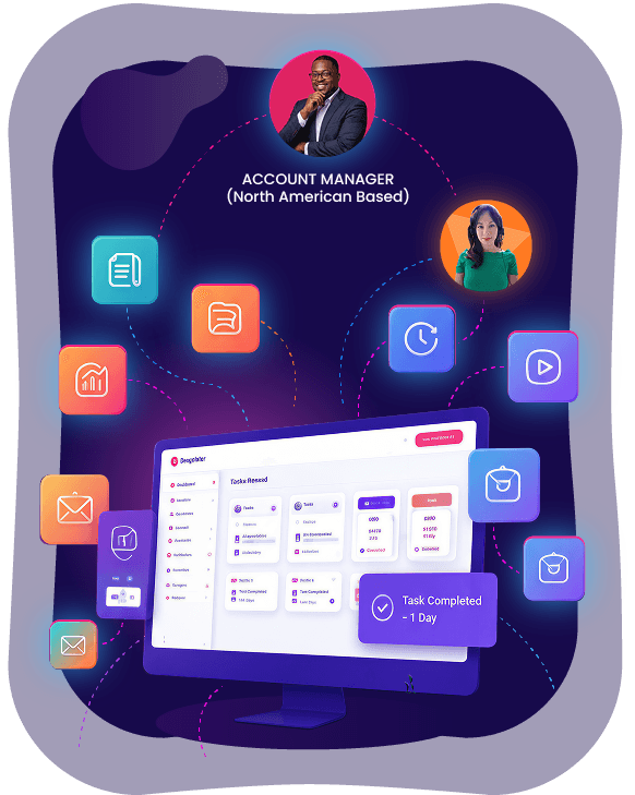 DeskTeam360 task dashboard with account manager and supported tools