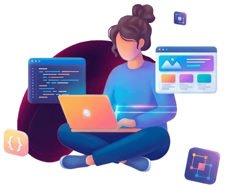 3D illustration of a developer on a laptop with floating code editor and website layout windows